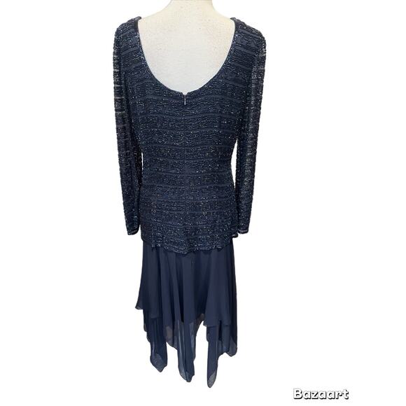 Black Tie Oleg Cassini Dress Size 14 Navy Blue Beaded Long Sleeve Lined Zip Back - Picture 4 of 5